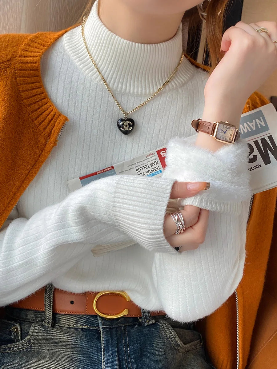 Women's Turtleneck Sweater Winter 2025 Retro with Velvet Lining Thickened Inner Wear Thermal Knitting Bottoming Shirt Pullovers