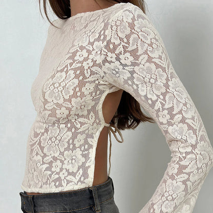Combhasaki Women's Floral Lace Sheer See-through Blouse Tops Solid Color Elegant Bell Long Sleeve Backless Tie-up Slim Fit Shirt
