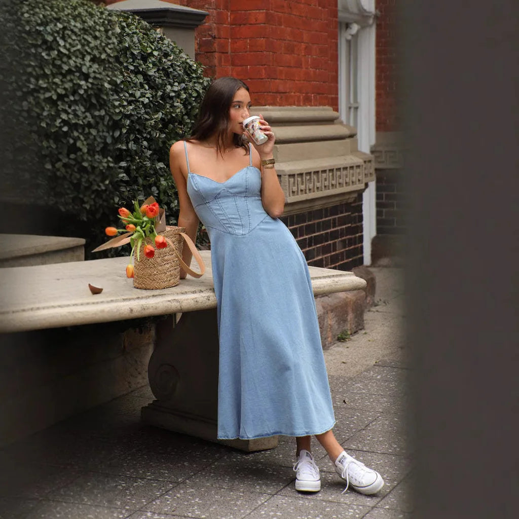 Fashion Spaghetti Strap Jean Womens  Dresses Summer Fashion Casual Beach  A Line Dress Women Clothes Party Holiday Vestidos