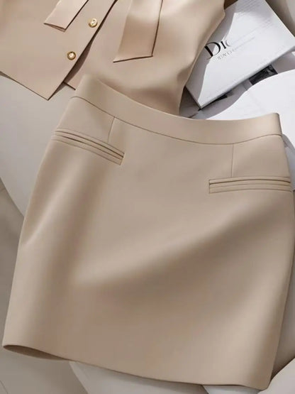 Summer New Elegant Women's Simple Outfits 2-Piece Set Fashion Bow Sleeveless Vest Top+Slim Mini Skirt High-End Office Lady Suit
