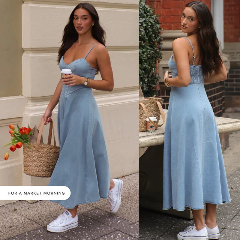 Fashion Spaghetti Strap Jean Womens  Dresses Summer Fashion Casual Beach  A Line Dress Women Clothes Party Holiday Vestidos