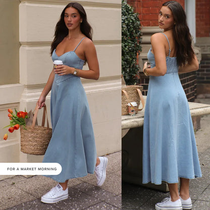 Fashion Spaghetti Strap Jean Womens  Dresses Summer Fashion Casual Beach  A Line Dress Women Clothes Party Holiday Vestidos