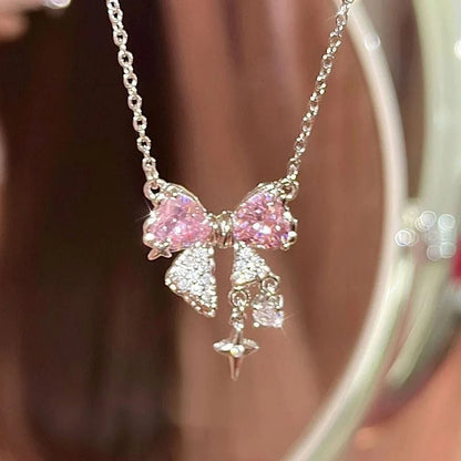 2pcs Set Fashion Bowknot Necklace Rings Set Crystal Bow Knot Pendant Necklaces Adjustable Bow Rings Fairy Shiny Pink Jewelry