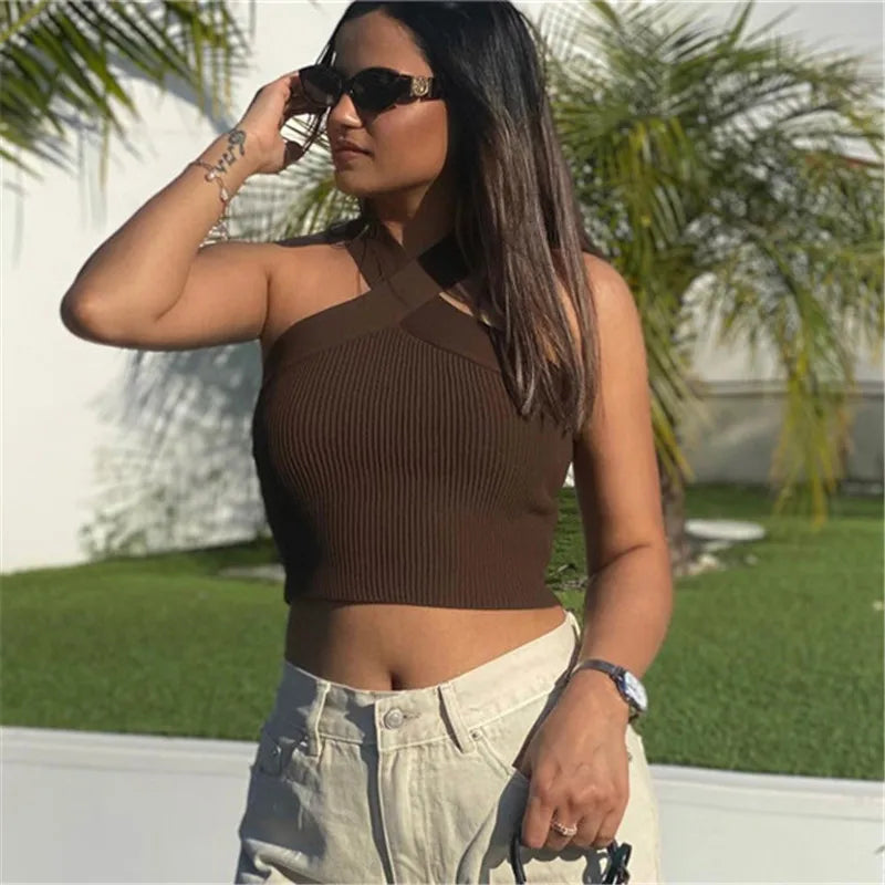 Spring and Summer New Cross Neck Suspender Vest, Knitted Backless Bandage Strapless Sweater 2025