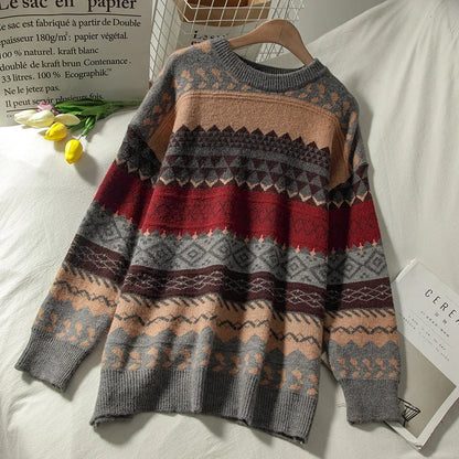 Sweater female art retro 2023 new fashion autumn and winter student Japanese diamond jacquard pullover sweater