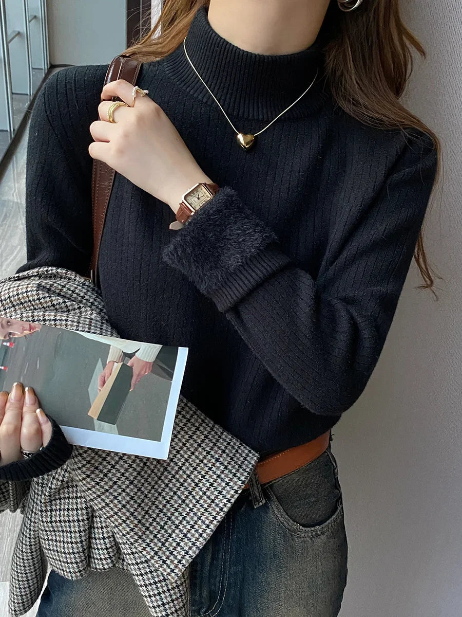 Sweater For Women Winter Thicken Turtleneck Slim Knit Pullover New Warm Plush Velvet Lined Knitwear Jumper Tops Casual Poleras