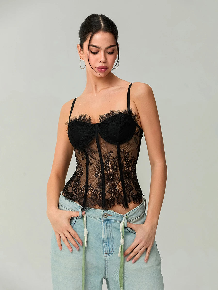 Women's Lace Corset Tops Sleeveless Camisole Bustier Mesh Floral Retro Sexy Tank Tops