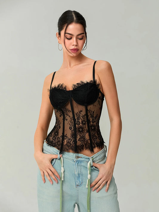 Women's Lace Corset Tops Sleeveless Camisole Bustier Mesh Floral Retro Sexy Tank Tops