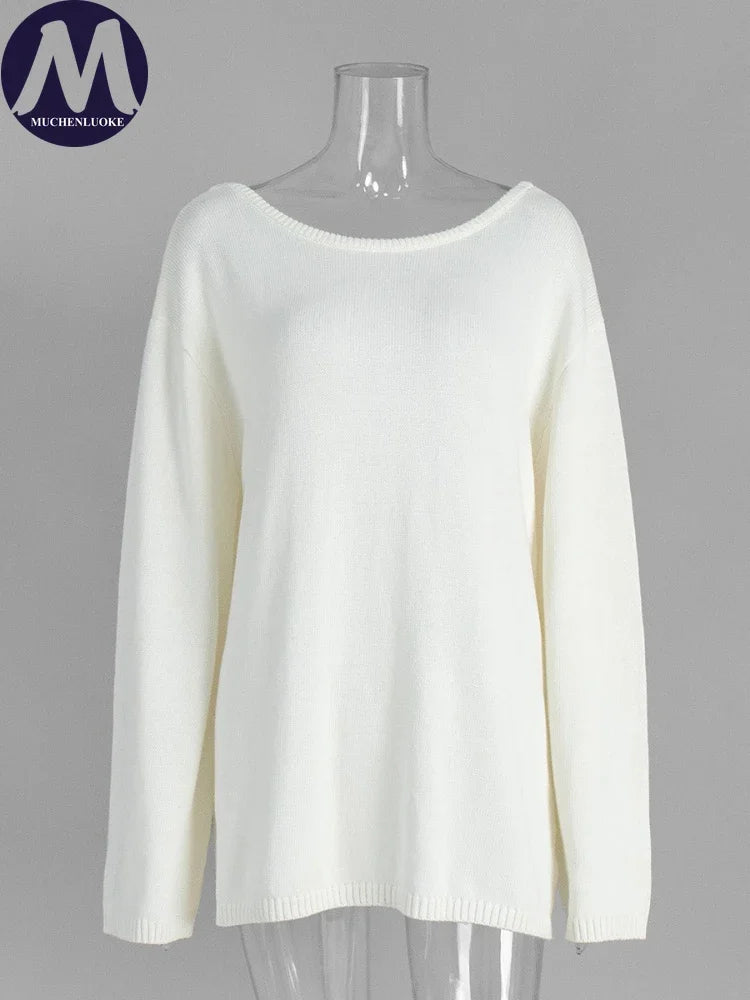 Sweater for Woman Autumn Winter New Lazy Style O Neck Knitted Sweater Fashionable Casual Loose Backless Sweaters Pullovers