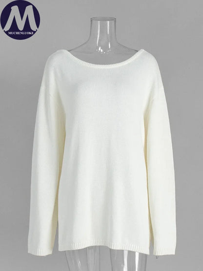 Sweater for Woman Autumn Winter New Lazy Style O Neck Knitted Sweater Fashionable Casual Loose Backless Sweaters Pullovers