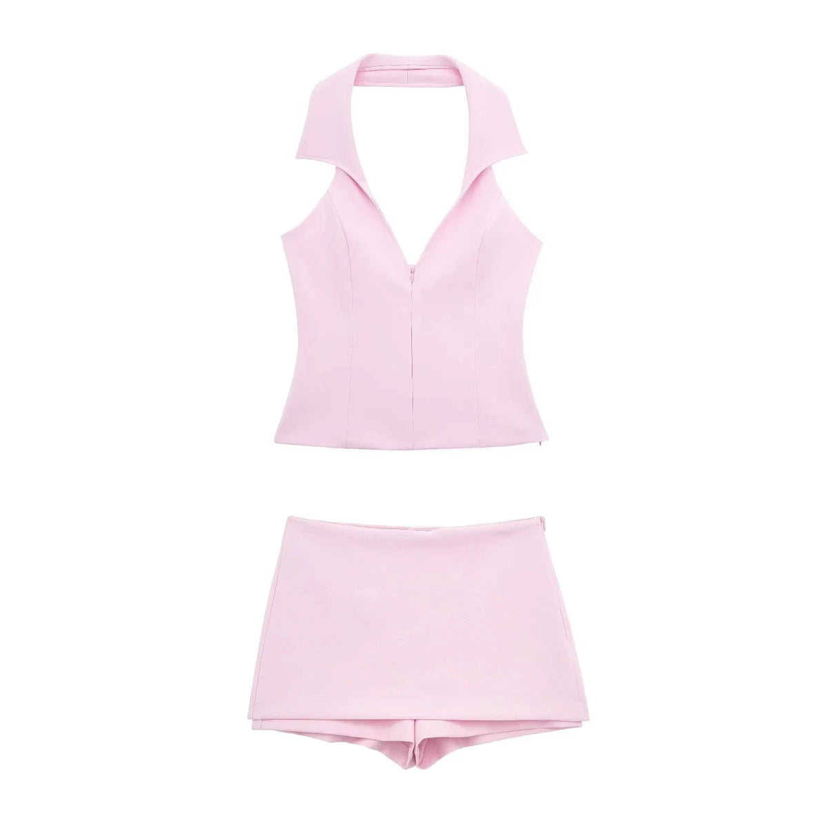 HH Women Casual Skirts Shorts Set Chic Halter Shirt Neck Backless Top & Shorts Sweet Pink Summer Sexy Shorts Sets