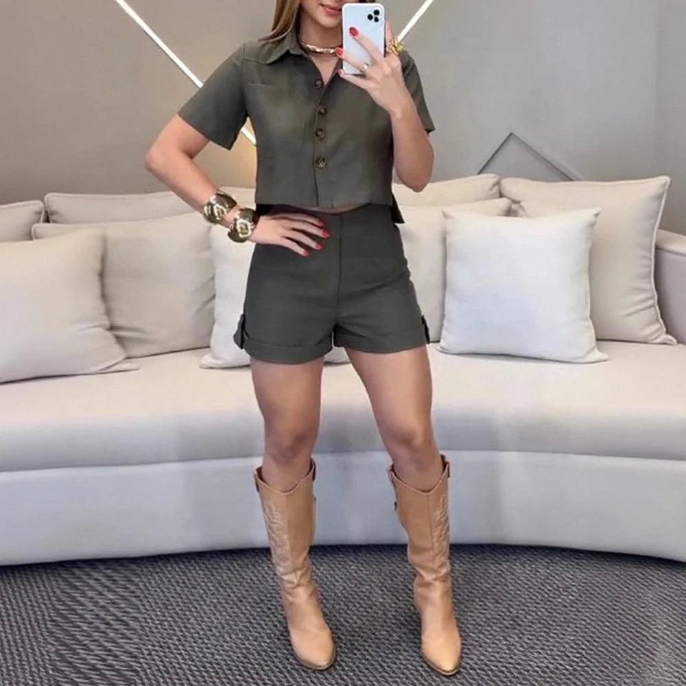 Wefads Women Shorts Suits Lapel Half Sleeve Single Breasted Shirt Wide Leg Shorts 2025 Summer New Chic Lady Green Sets