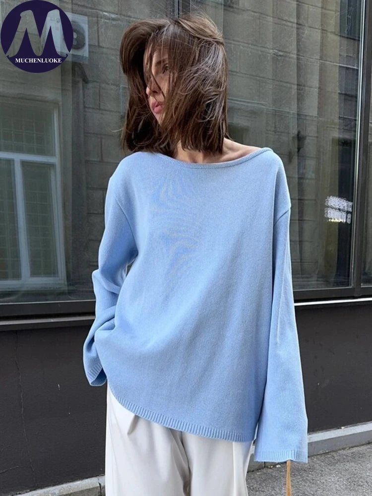 Sweater for Woman Autumn Winter New Lazy Style O Neck Knitted Sweater Fashionable Casual Loose Backless Sweaters Pullovers
