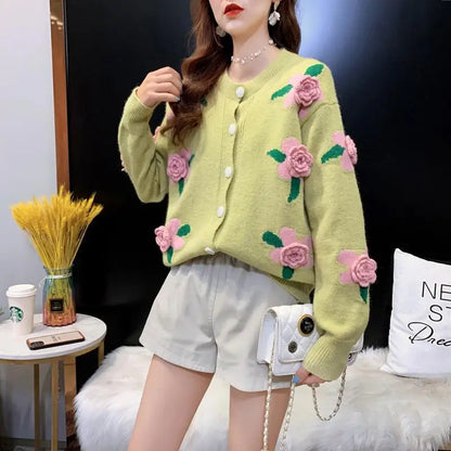 Sweater Female 2023 Spring and Autumn Knitwear Women Heavy Industry Rose Blossom Embroidery Contrast Sweater Coat Cardigan
