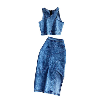 Denim Sets Women 2 Piece Suit Vest Top Skirt Outfits Sleeveless Waistcoat Irregular Long Skirts Washed Ensemble Summer 2025