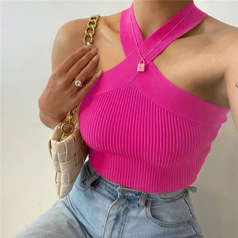 Spring and Summer New Cross Neck Suspender Vest, Knitted Backless Bandage Strapless Sweater 2025