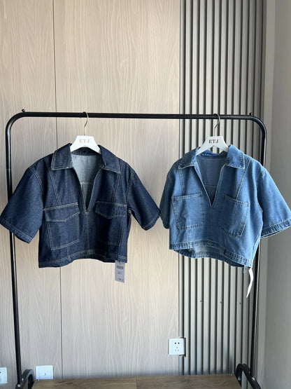 Denim suit 2025 New Hottie Style women sexy V-neck loose version short denim top asymmetrical culottes
