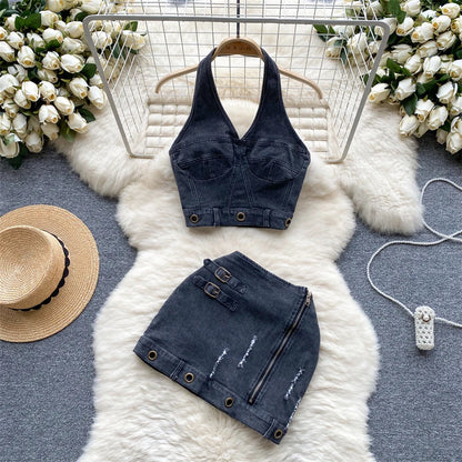Women's Two Piece Sets Vintage Denim Crop Top with A-Line Mini Skirts Vintage Y2k Skirt Sets Outfits 2000s Fashion Clothes 2025