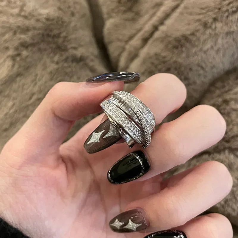 Korea New Fashion Jewelry Exquisite Silver Color Zircon Ring Elegant Women's Opening Adjustable Wedding Gift Luxury Accessory