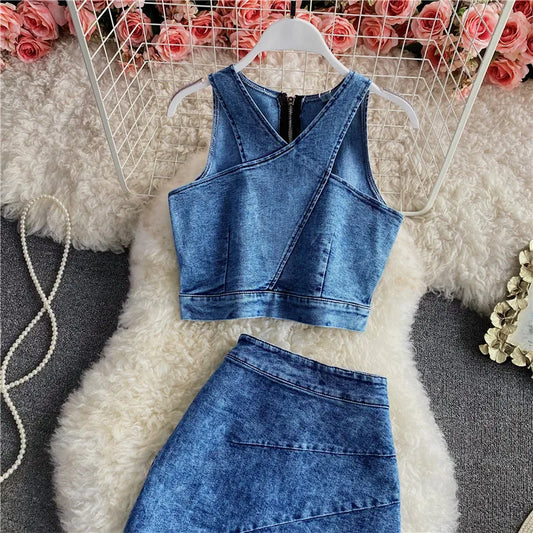 Denim Sets Women 2 Piece Suit Vest Top Skirt Outfits Sleeveless Waistcoat Irregular Long Skirts Washed Ensemble Summer 2025
