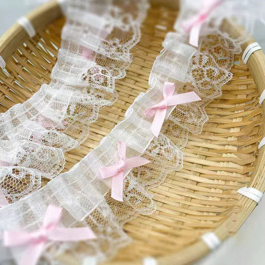 1 Yard White Pink Delicate Bow Ruffle Embroidery Lace Fabrics For Clothing Gift Home Accessory Handmade Sewing Trim Crafts