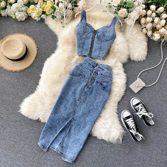 Women Denim 2 Piece Sets Sleeveless Zipper Crop Top Skirt Distressed Zipper Long Skirts Outfits Streetwear Overskirt Suit 2025