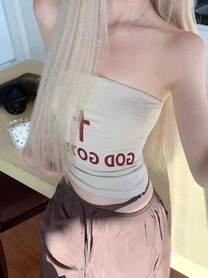 Vintage Sexy American Summer Hottie Top Women Y2k Sleeveless Letter Print Vest Fashion Strapless Cross Retro Streetwear 2025 New
