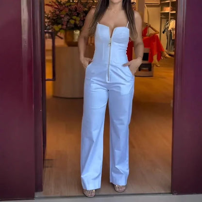 Fashion High Street Sleeveless Jumpsuit For Women 2025 Sexy Spaghetti Strap Bodycon Jumpsuits Office Elegant White Slim Romper