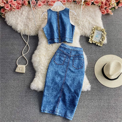 Denim Sets Women 2 Piece Suit Vest Top Skirt Outfits Sleeveless Waistcoat Irregular Long Skirts Washed Ensemble Summer 2025