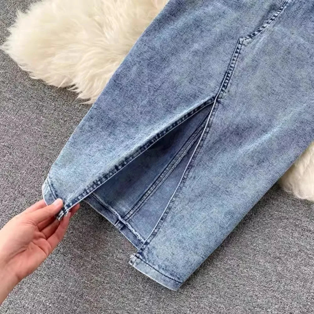 Women Denim 2 Piece Sets Sleeveless Zipper Crop Top Skirt Distressed Zipper Long Skirts Outfits Streetwear Overskirt Suit 2025