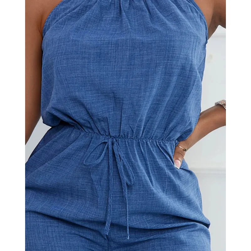 Women's Casual Blue Jumpsuit Spaghetti Straps Waist Tie Great for Daily Wear Shopping Trips Fashionable Hangouts