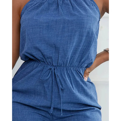 Women's Casual Blue Jumpsuit Spaghetti Straps Waist Tie Great for Daily Wear Shopping Trips Fashionable Hangouts