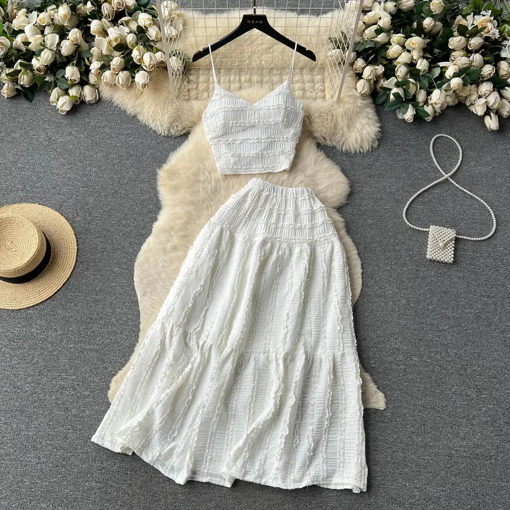 Summer Lace Patchwork Beach Two Pieces Sets Women Sexy Camisole+A Line Long Skirt Fashion Elastic Bohemian Suits