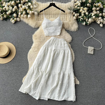 Summer Lace Patchwork Beach Two Pieces Sets Women Sexy Camisole+A Line Long Skirt Fashion Elastic Bohemian Suits