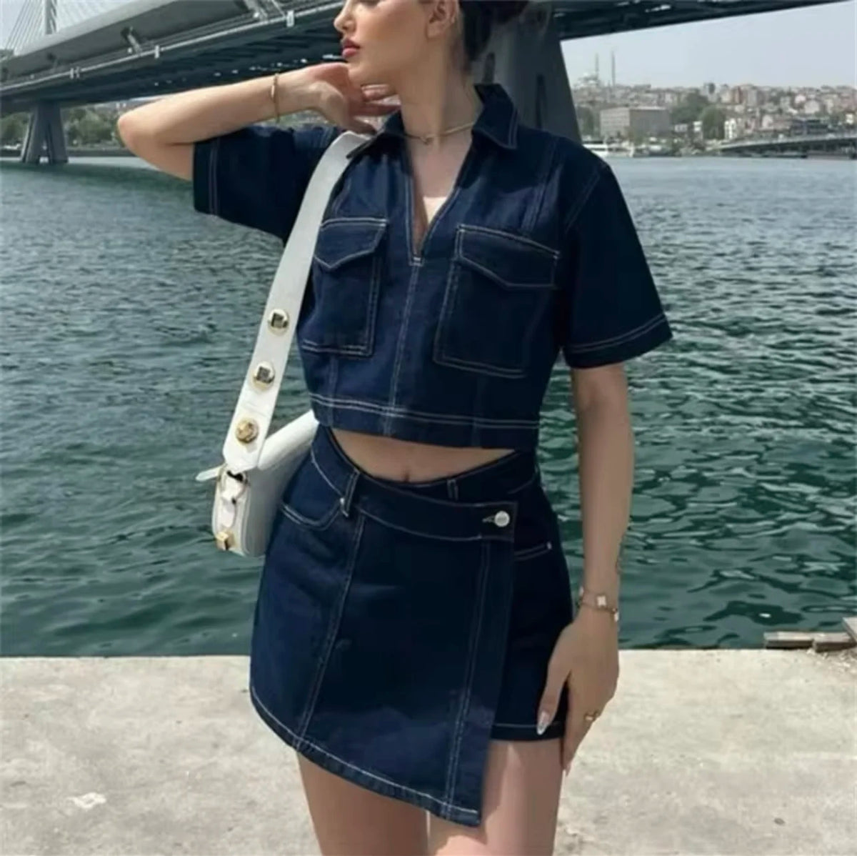 Denim suit 2025 New Hottie Style women sexy V-neck loose version short denim top asymmetrical culottes