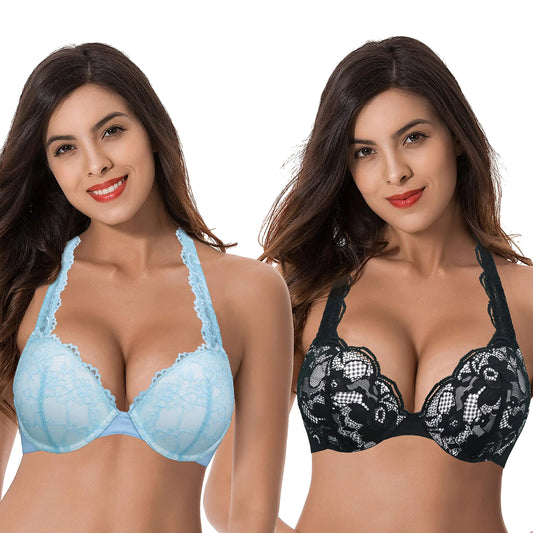 Curve Muse Womens Plus Size Add 1 and a Half Cup Push Up Underwire Convertible Lace Bras -2PK-BlackLt Blue-48B
