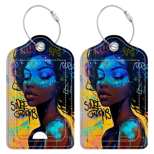 Bvkilrvc 2 Pcs Luggage Tag for Suitcase Black Girl Graffiti Unique Leather Suitcase Tags with Full Privacy Cover Stainless Steel Loop for Women Men Travel Baggage Bag Backpack