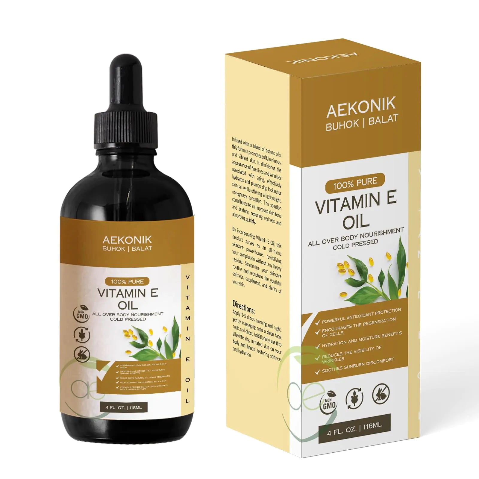 AEKONIK Organic Vitamin E Oil - Essential Pure Vitamin E Oil For Body Care and Skin Care - 4-Oz of Vitamin E Oil
