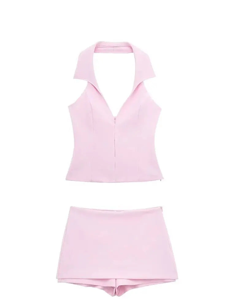 HH Women Casual Skirts Shorts Set Chic Halter Shirt Neck Backless Top & Shorts Sweet Pink Summer Sexy Shorts Sets