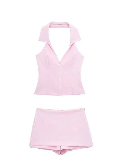 HH Women Casual Skirts Shorts Set Chic Halter Shirt Neck Backless Top & Shorts Sweet Pink Summer Sexy Shorts Sets