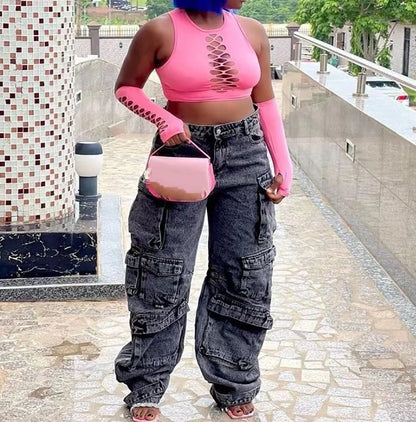 American Vintage Trendy Streetwear Women's Fashion Jeans Flip Up Multi Pocket Jeans Cargo Pants High Waist Washed Hiphop Jeans