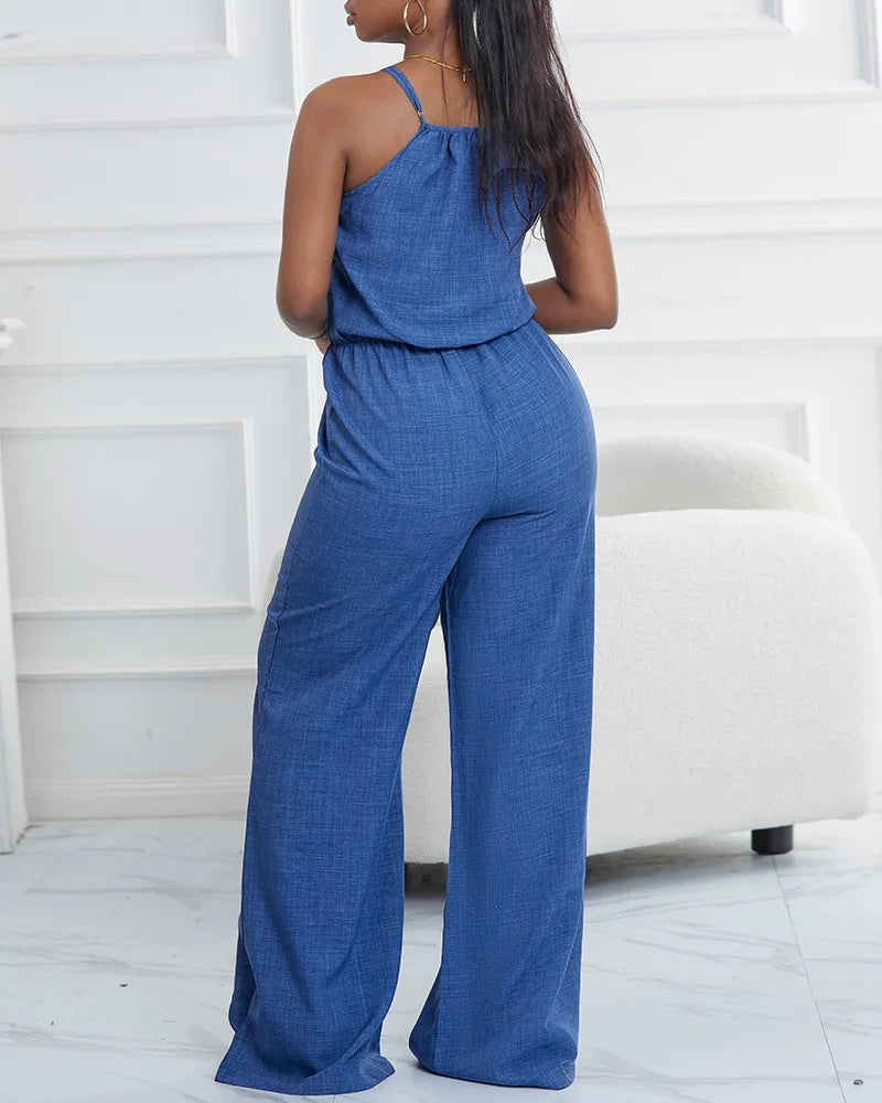 Women's Casual Blue Jumpsuit Spaghetti Straps Waist Tie Great for Daily Wear Shopping Trips Fashionable Hangouts
