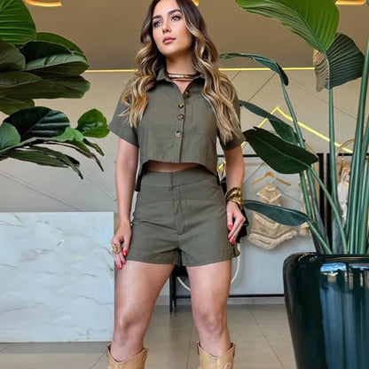 Wefads Women Shorts Suits Lapel Half Sleeve Single Breasted Shirt Wide Leg Shorts 2025 Summer New Chic Lady Green Sets