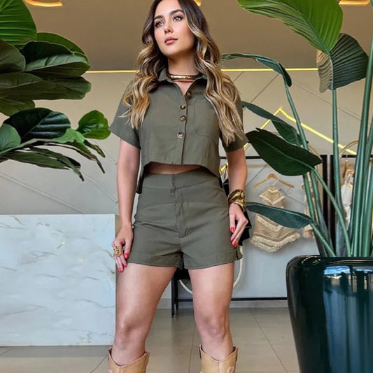 Wefads Women Shorts Suits Lapel Half Sleeve Single Breasted Shirt Wide Leg Shorts 2025 Summer New Chic Lady Green Sets