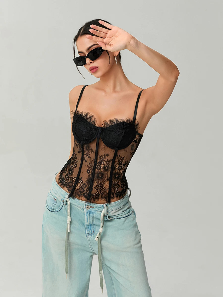 Women's Lace Corset Tops Sleeveless Camisole Bustier Mesh Floral Retro Sexy Tank Tops