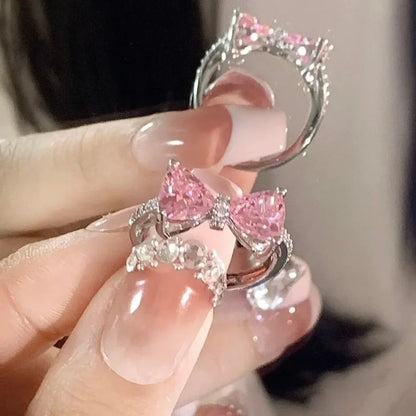 2pcs Set Fashion Bowknot Necklace Rings Set Crystal Bow Knot Pendant Necklaces Adjustable Bow Rings Fairy Shiny Pink Jewelry
