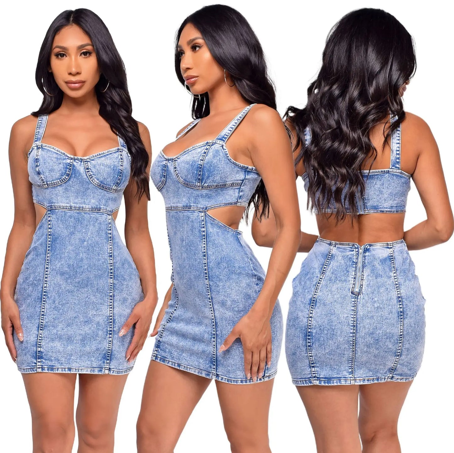 Camisole Washed Denim Mini Dresses Sexy Hollow Spliced Wrap Buttocks Dress Solid Slim 2024 Skinny Distressed High Street