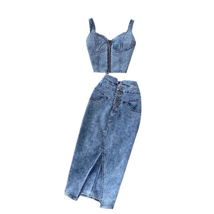 Women Denim 2 Piece Sets Sleeveless Zipper Crop Top Skirt Distressed Zipper Long Skirts Outfits Streetwear Overskirt Suit 2025