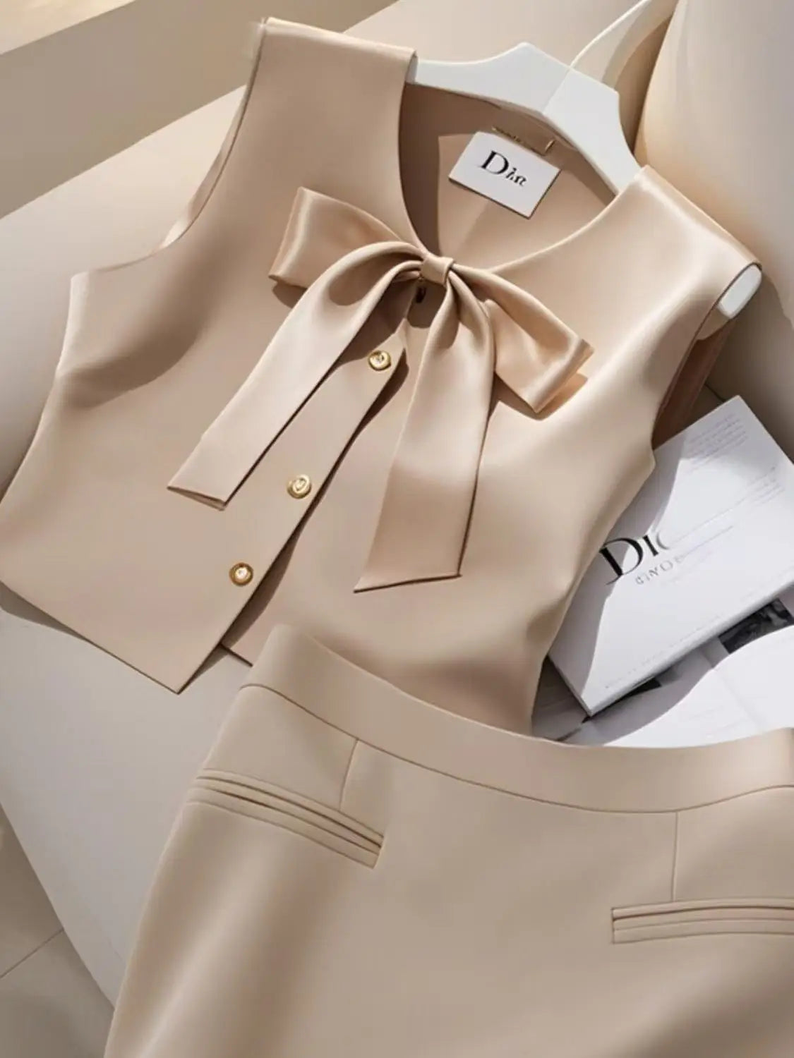 Summer New Elegant Women's Simple Outfits 2-Piece Set Fashion Bow Sleeveless Vest Top+Slim Mini Skirt High-End Office Lady Suit