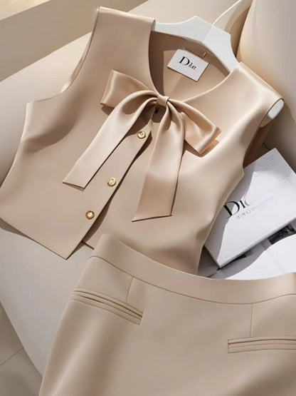 Summer New Elegant Women's Simple Outfits 2-Piece Set Fashion Bow Sleeveless Vest Top+Slim Mini Skirt High-End Office Lady Suit